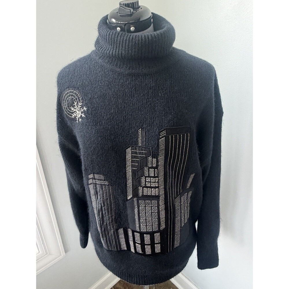 Vintage IB Diffusion Black 80’s City Scape Silk / Wool Turtle Neck Sweater